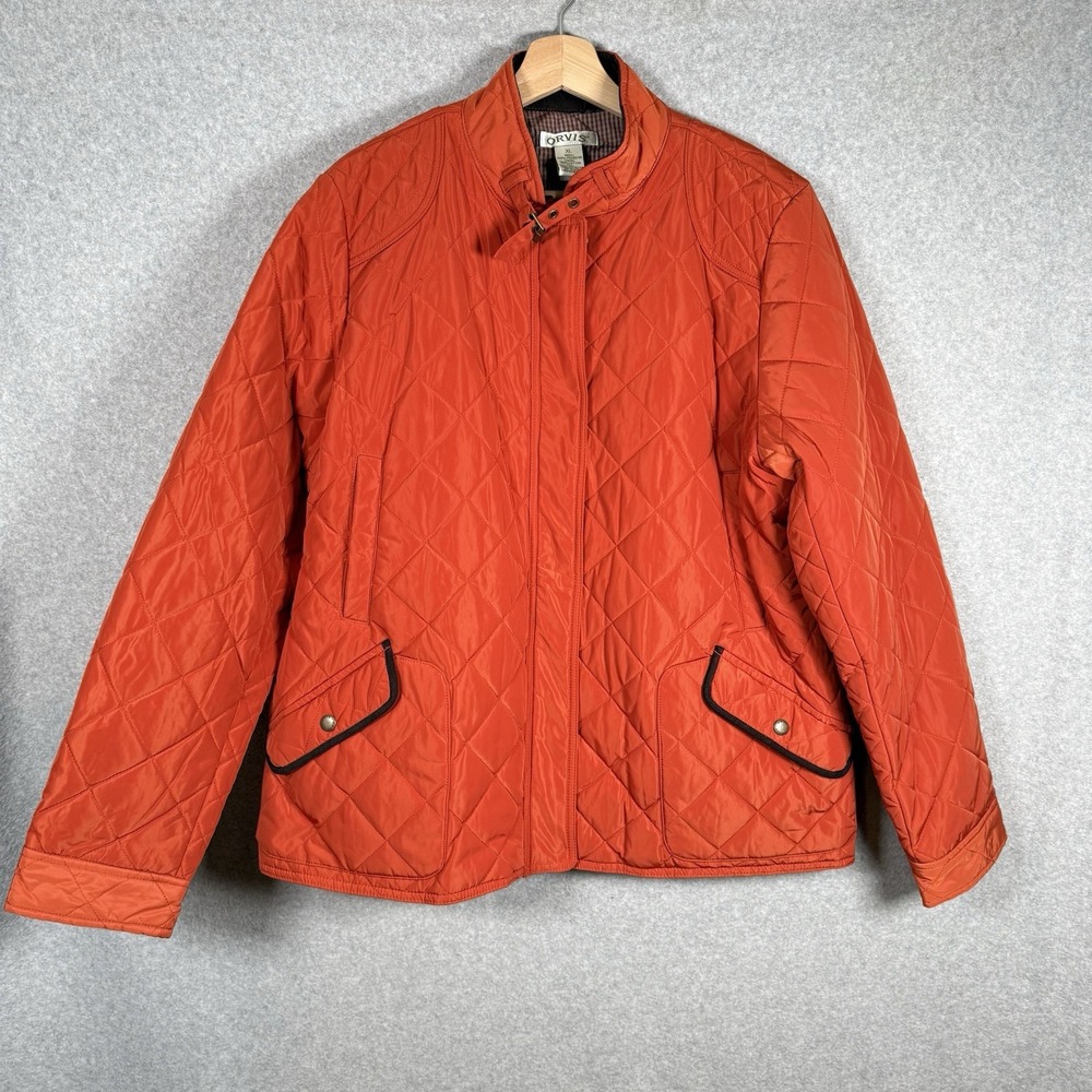 Orvis Quilted Jacket Womens XL Solid Orange Polyester Cotton Lining Zip Front